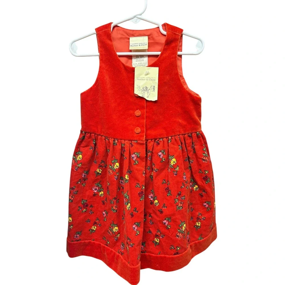 Laura‎ Ashley Mother Child Girls Floral Corduroy Dress Red Vintage 18 Months NWT